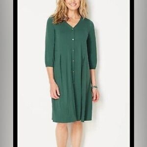 J.Jill Pleated Button Front Dress in Dark Green Papaya with 3/4 Sleeve
